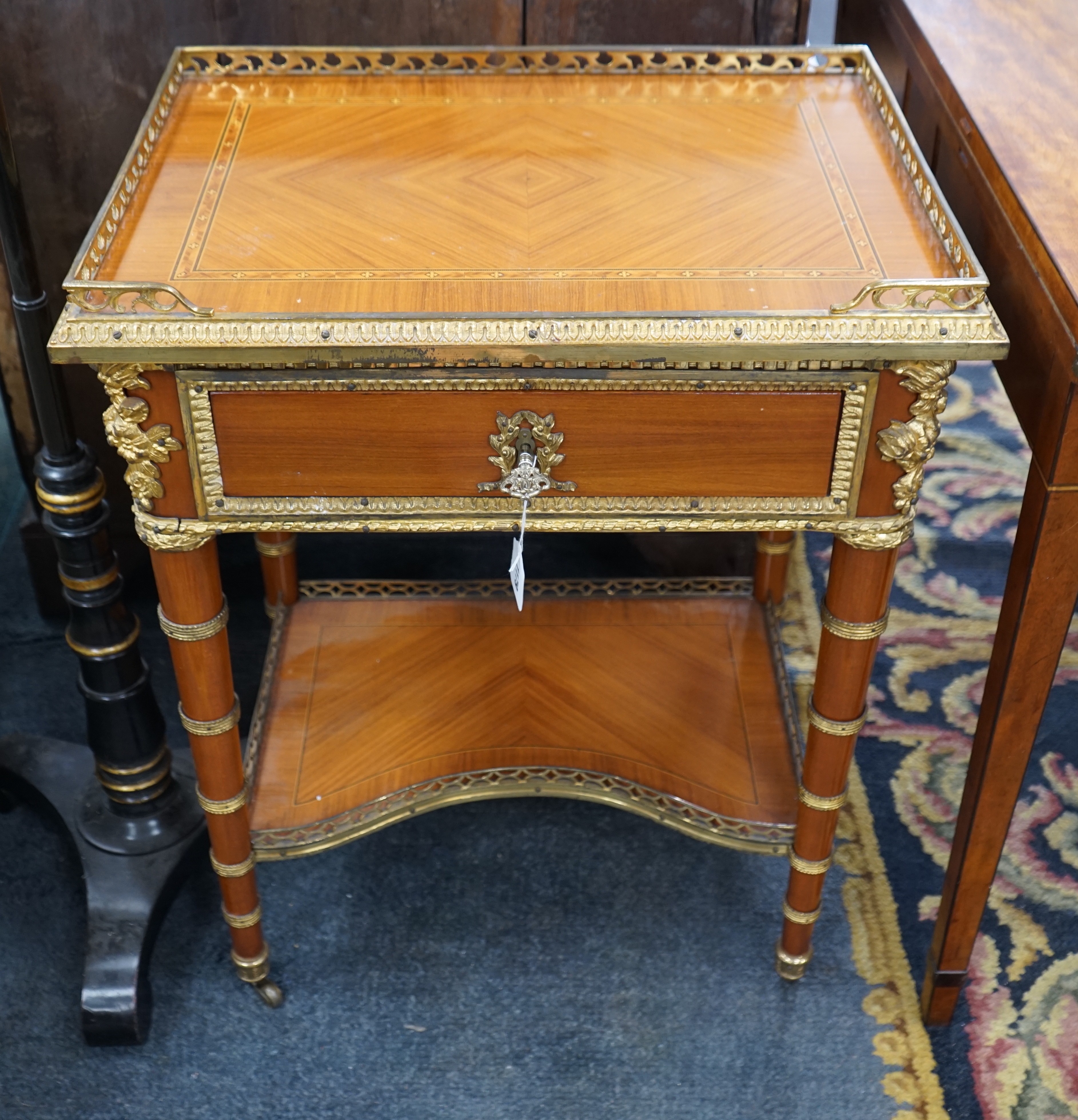A Louis XVI design gilt metal mounted side table, width 60cm, depth 44cm, height 74cm
